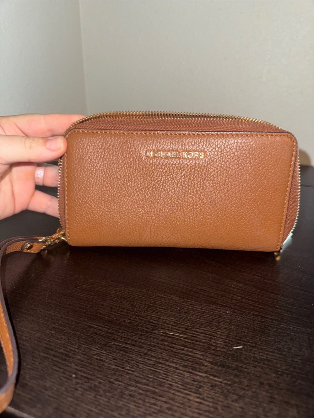 Michael Kors Tan Pebbled Leather Wristlet Wallet with Gold Hardware